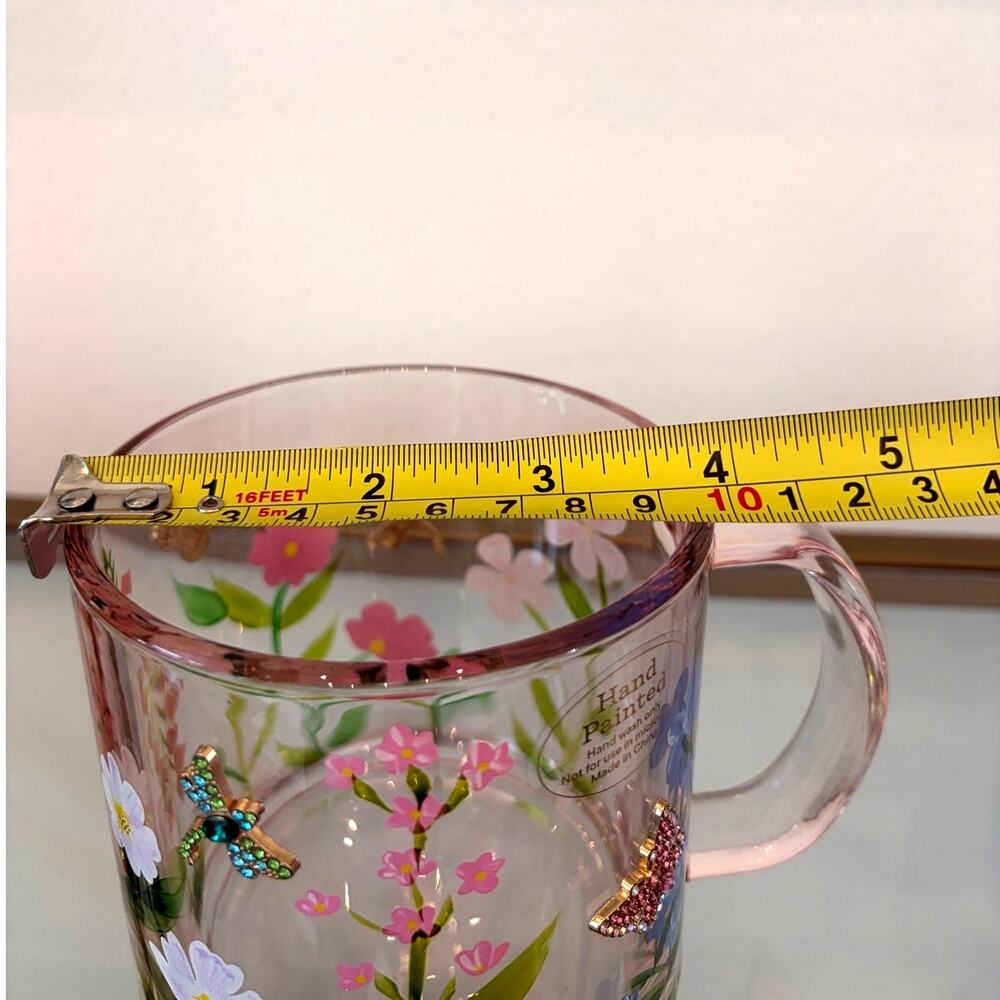 2pc Hand Painted & Jeweled Glass Mugs Multicolored Floral Butterfly NEW - Picture 7 of 15
